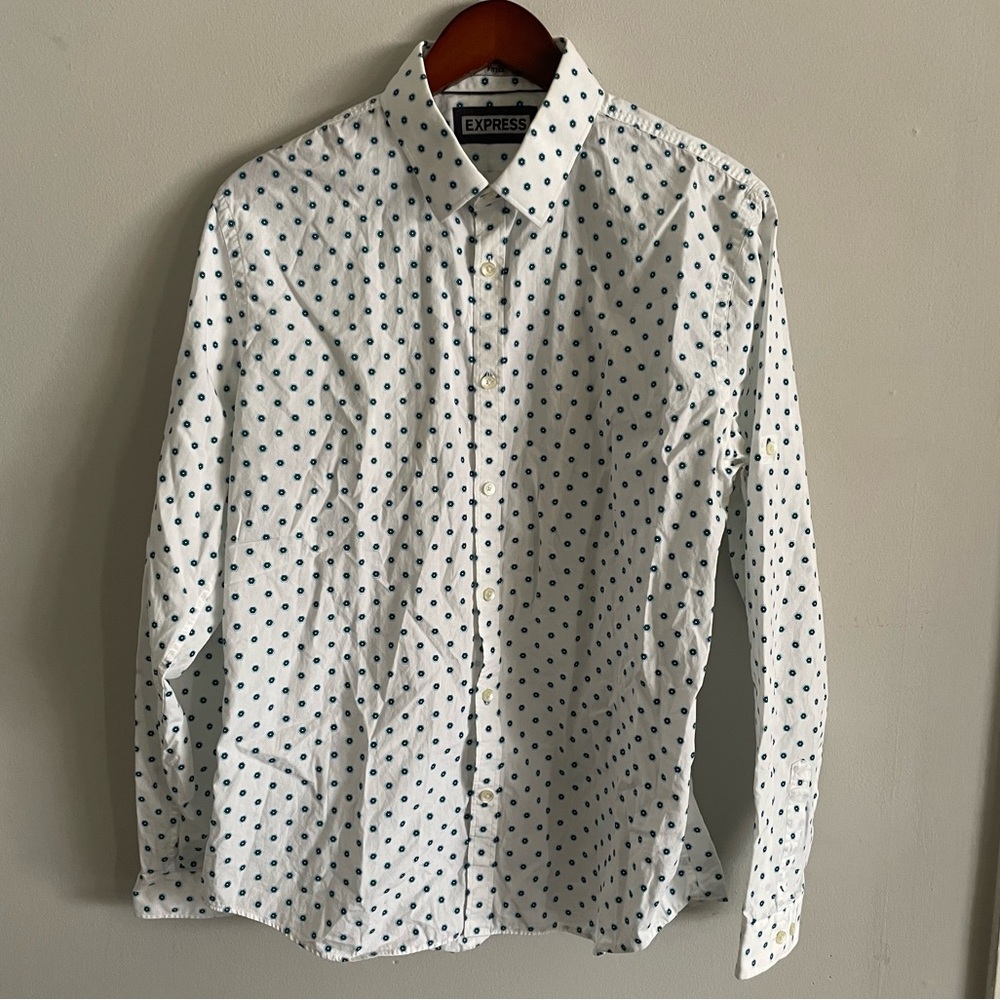 Express White Printed Longsleeve Button-Down With… - image 1
